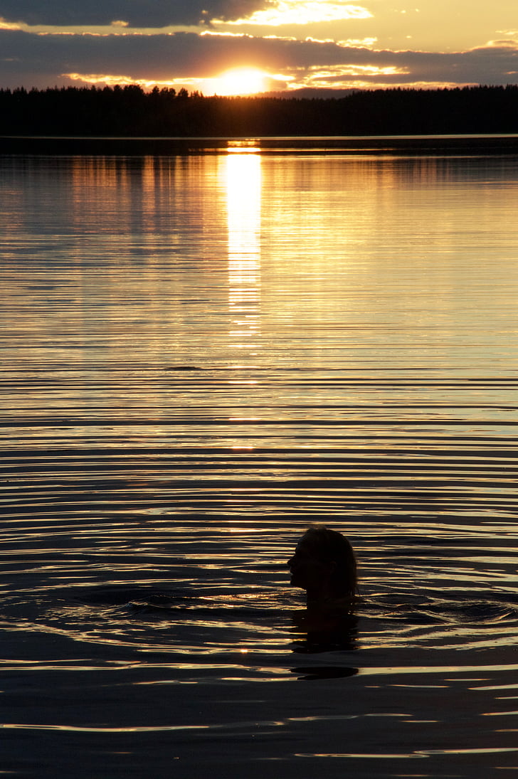 pirtis, Saulėlydis, ežeras, ramus, atspindys, siluetas, vandens
