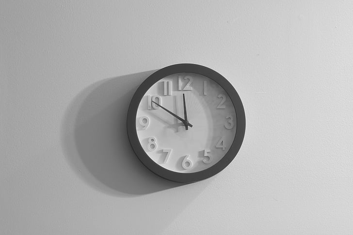 black-and-white, clock, gray, wall