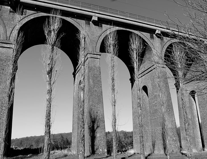 viaduct, black, bridge, railway, white, robust, geometric