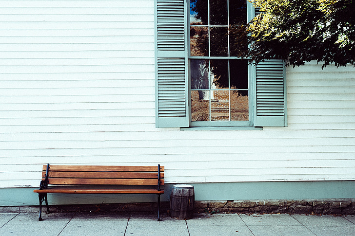 bench, seat, house, front, sitting, relax, window