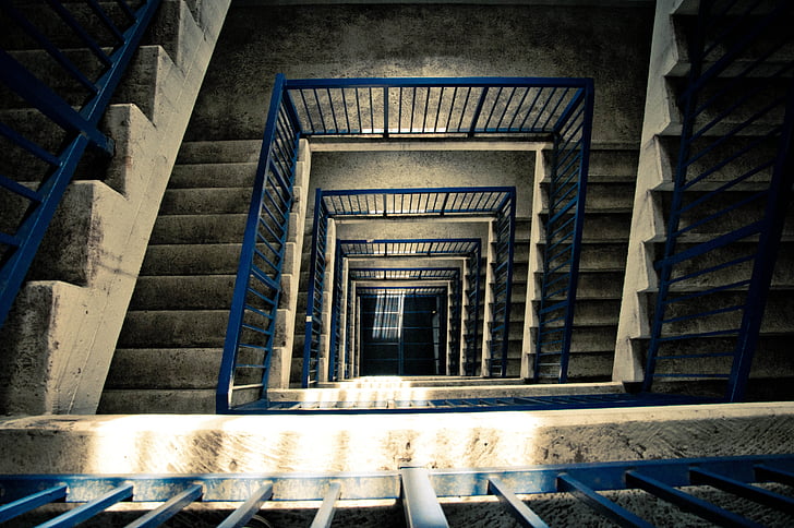 escadas, arquitetura, Torre, corrimão, azul, cinza, Trist