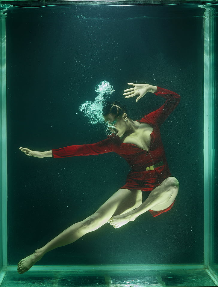 pod vodou, móda, žena, zvýšená, vody, tank, výtvarné umenie