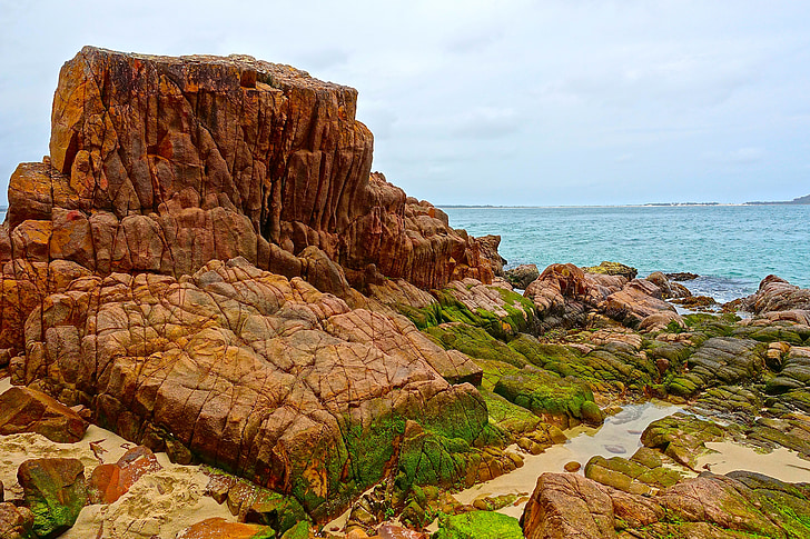 rocky, outcrop, red, coast, wild, seaside, rocks