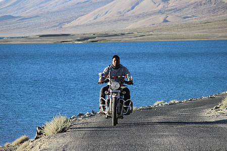 Rider, Pangong, sjön, Himalyan, Bullet, blå, vatten