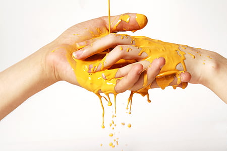 farve, maling, gul, hænder, kunst, følelser, kreativitet