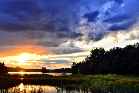sunset, landscape, twilight, nature, lake, colors, sun