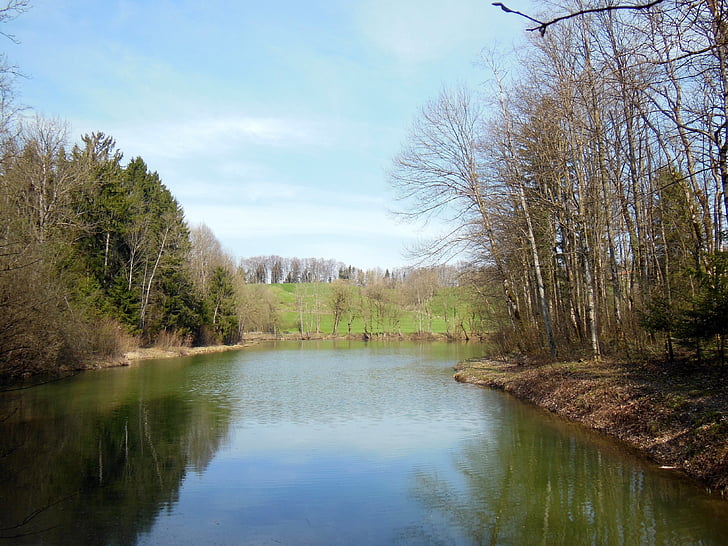 waldsee, spring, upper bavaria, achental, mirroring, sky, blue