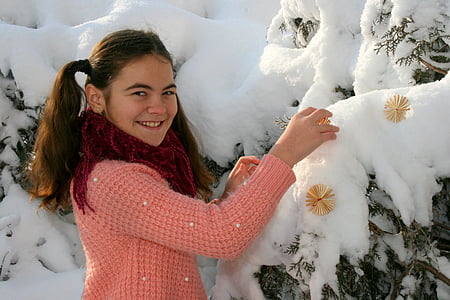 Gadis, salju, musim dingin, bintang-bintang, putih, senyum, di luar rumah