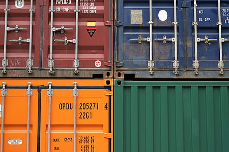 four, blue, red, yellow, green, steel, containers