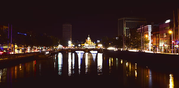 нощ, мост, град, светлини, река, градски пейзаж, архитектура