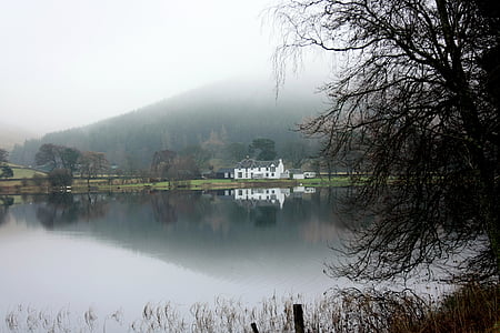 lake, loch, water, house, building, tree, reflections