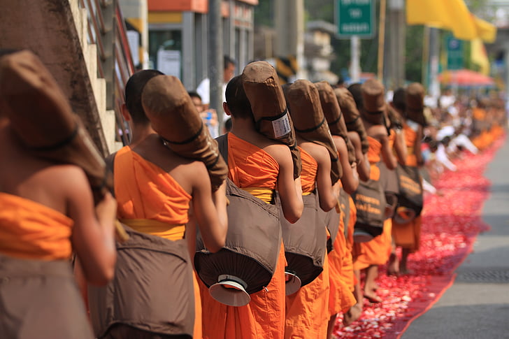 monges, budistas, Budismo, pé, laranja, robes, Tailandês