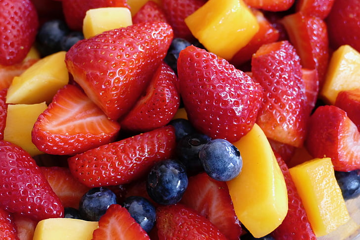 frukt, fruktsalat, farge, farge splash, mat, sunn, jordbær