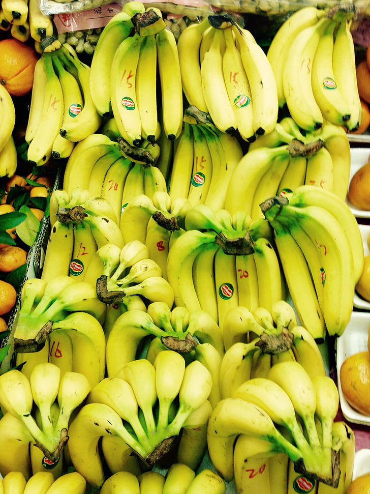 banāni, dzeltena, tirgus, augļi, pārtika, veselīgi