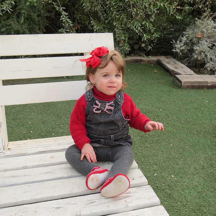 baby, girl, toddler, sitting, white, bench, park