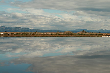 Delta, Ebro, céu, reflexão, nuvens