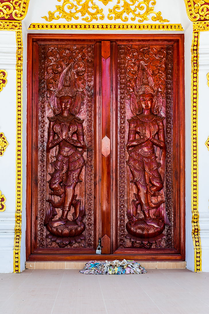 rezbárstvo, dvere, chrámový komplex, chrám, Severné Thajsko