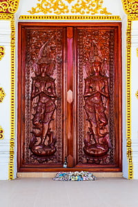 sculpture sur bois, porte, complexe de Temple, Temple, Thaïlande du Nord