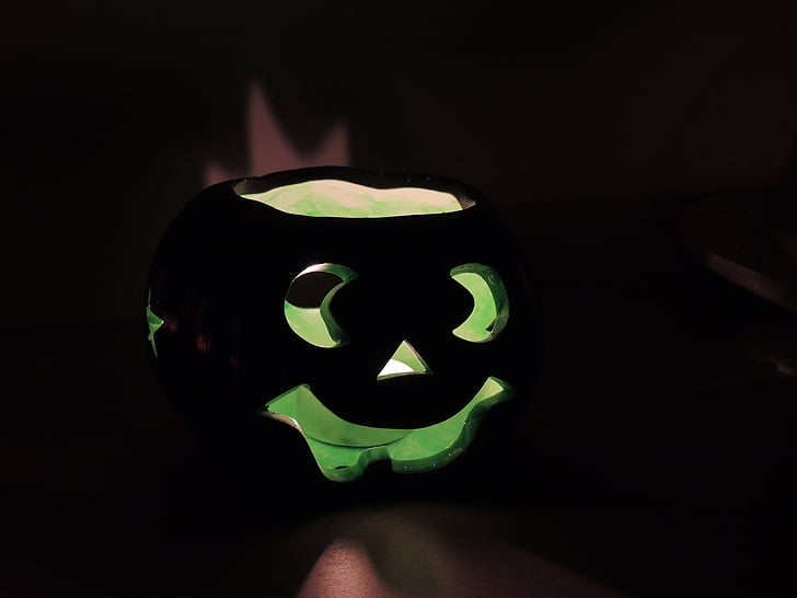 pumpkin, green, dark, halloween, autumn, candlelight, creepy