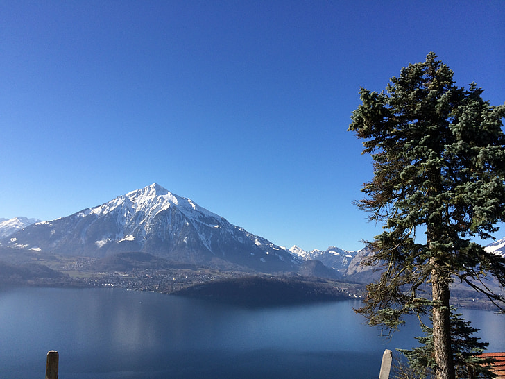 hegyi, a thun-tóra, Berni-felvidék, tó, táj, alpesi, távoli megtekintése