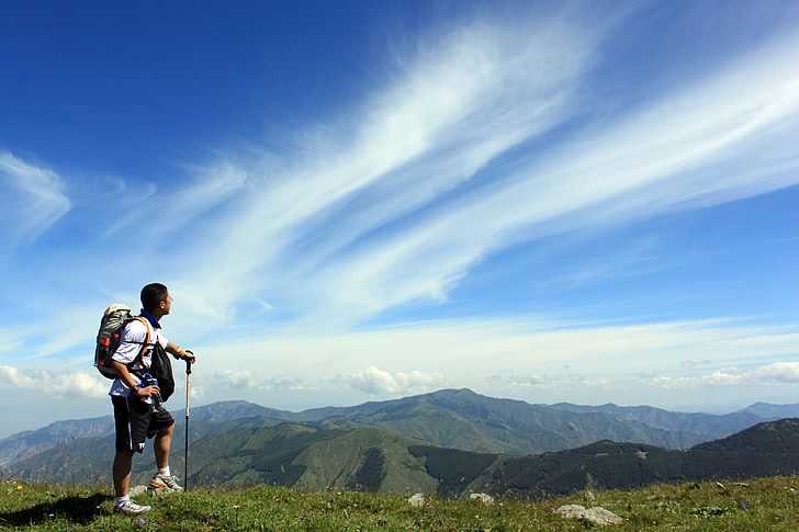 blue sky, on foot, backpack, visitor, tourism, mountain, landscape