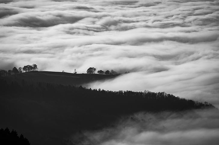 silhouette, mountain, gray, clouds, transformation, black and white, sky