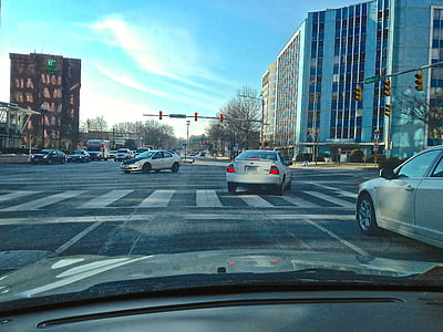 dag, auto 's, verkeer, rood licht, bestuurdersstoel, gebouw, Straat