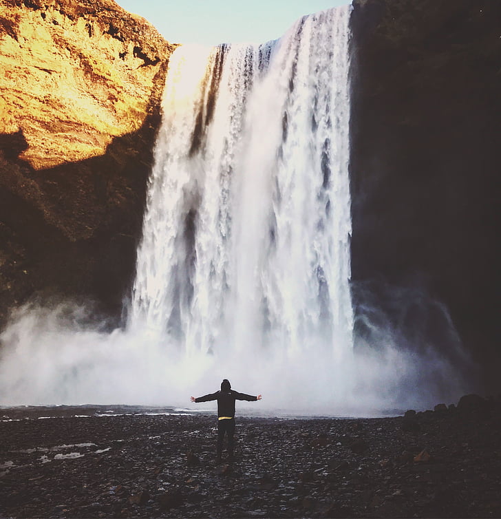 mannen, svart, hoodie, framsidan, vattenfall, Rock, sida