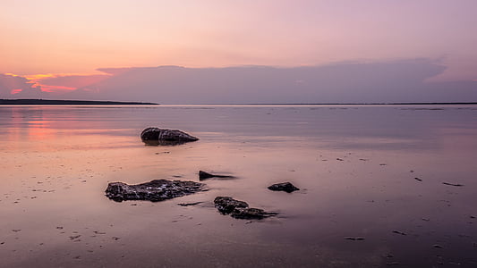 sunset, stones, clouds, river, silence