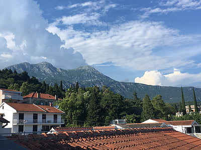 mountains, clouds, view, sky, natural, roof, architecture