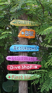 diretório, placas de sinalização, direção, bar, vaso sanitário, restaurante, Curaçao