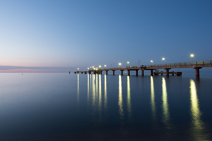 puente del mar, Göhren, Mar Báltico, Isla, Rügen, puesta de sol, Crepúsculo