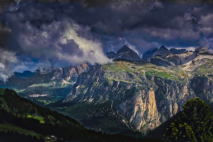 Passo Sella, Italia, montagne, cielo, nuvole, paesaggio, scenico
