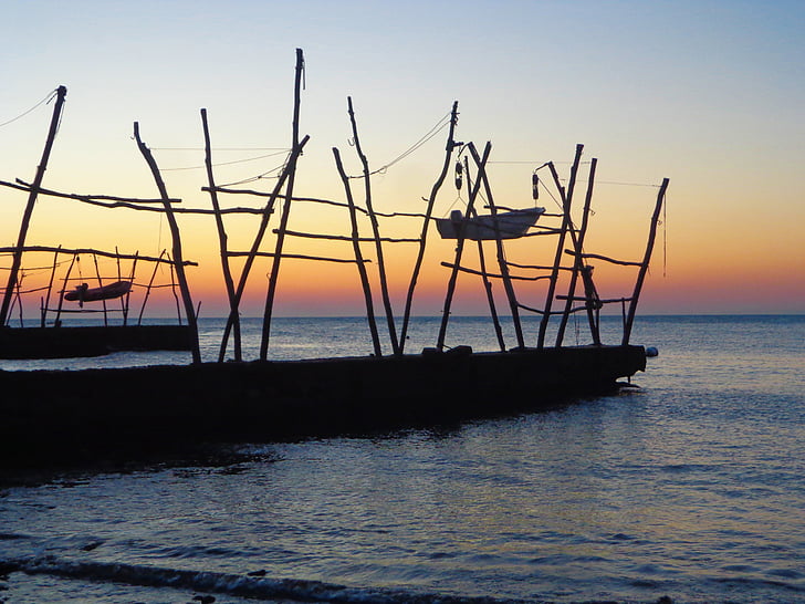 solnedgang, båt, sjøen, flytebro, Kroatia