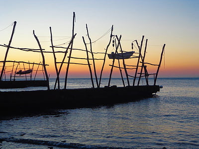 puesta de sol, barco, mar, puente pontón, Croacia