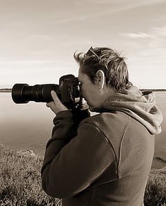 fotograf, person, fotografering, billede, sort hvid, kamera, karakter