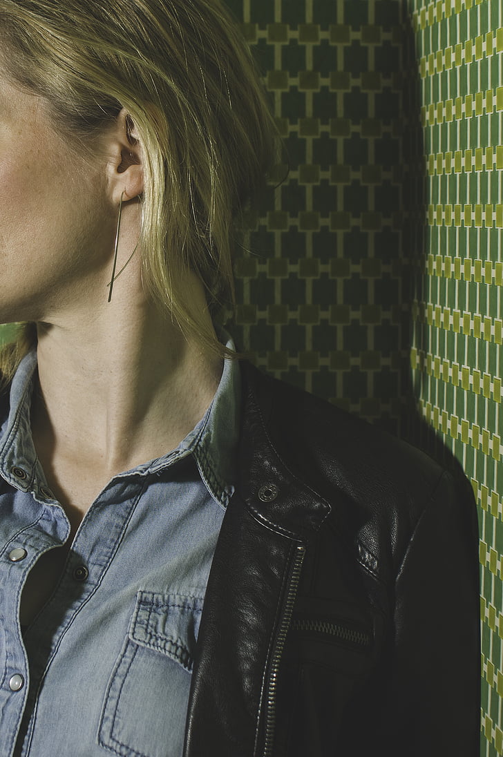 denim, polo, leather, people, woman, neck, blonde