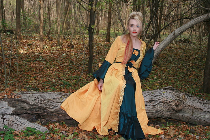 jeune fille, princesse, robe, automne, feuilles, jaune, Forest