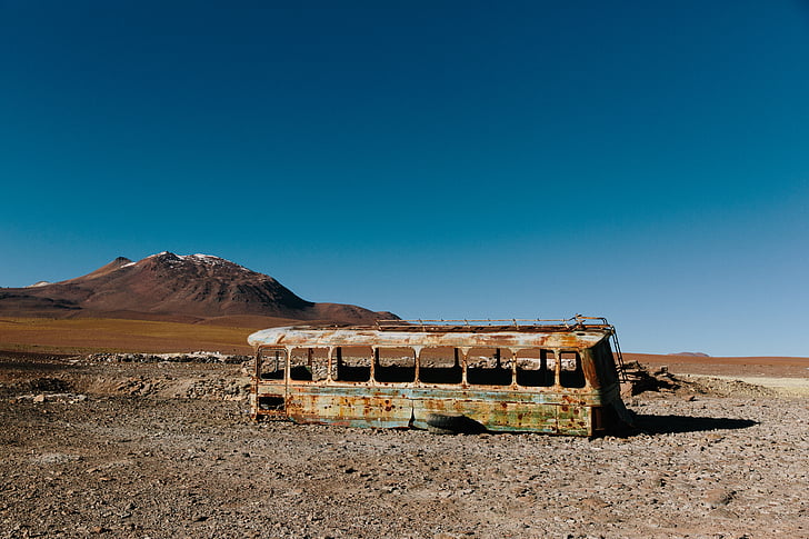 серый, ржавый, автобус, коричневый, пустая, поле, с видом