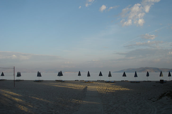 плаж, сутрин, изгрев, празник, чадъри, море, Гърция