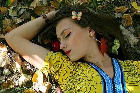 djevojka, jesen, lišće, portret, vegetacije, ljepota, zavodljiv