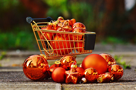 compras de Navidad, carrito de compras, christbaumkugeln, Navidad, negocios, transporte, metal