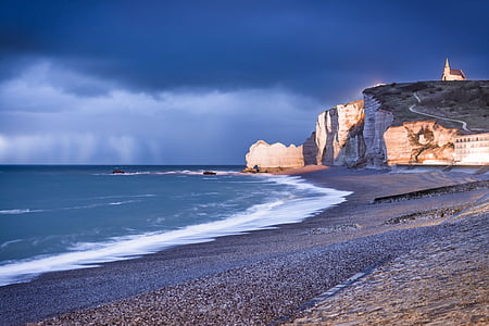 Etretat, Normandy, Bãi biển, vách đá, đám mây, nước, hoàng hôn