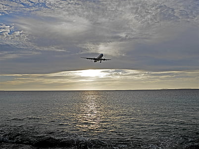 posta de sol, avió, cel, núvols, veure, aire, Bonaire