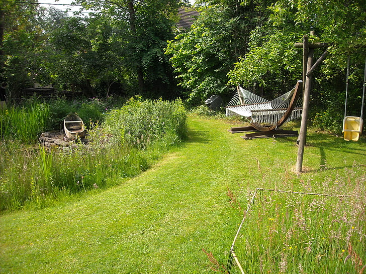 garden, nature, green, trees, grass, pond, hammock