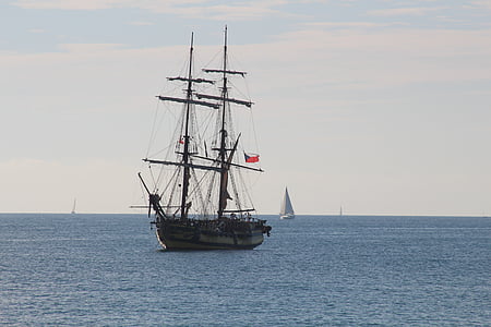 sailing vessel, ship, lake, landscape, water, sail