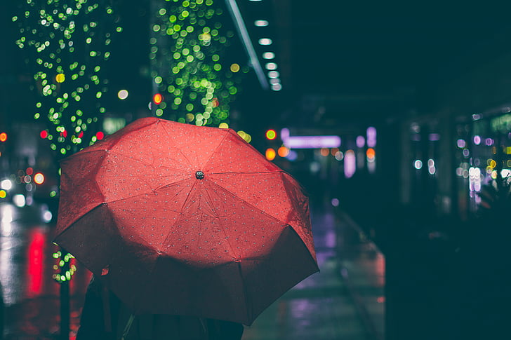 photo, person, holding, red, umbrella, boke, lights