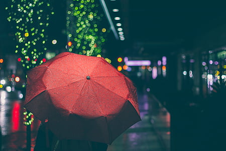 Foto, persona, explotación, rojo, paraguas, Boke, luces