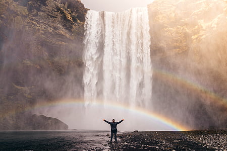 waterfall, rainbow, spray, water, flow, cascade, person