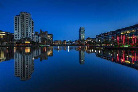 Dublin, éjszaka, kék, város, városi, utca-és városrészlet, Sky